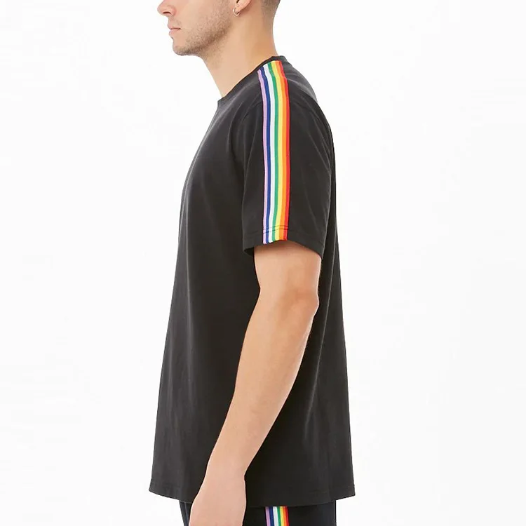 crew neck tshirt 100% cotton wholesale clothing dropped shoulders rainbow stripe trim short sleeve t shirt men