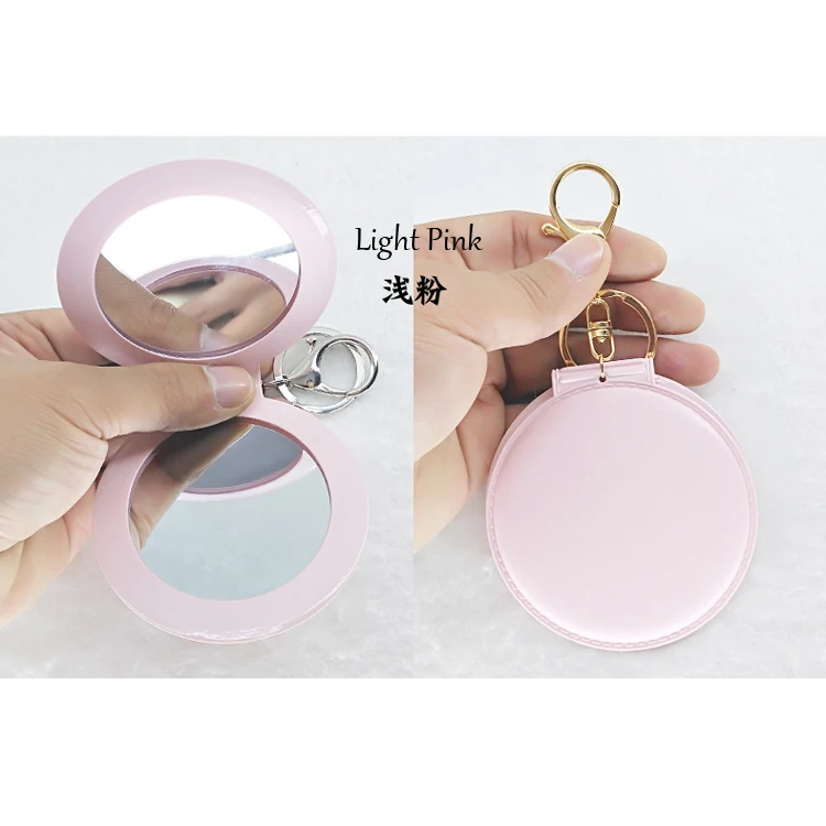 Wholesale In Stock Custom Logo PVC Leather Mirror Keychain Portable Pink Colour Pocket Mirror Keyring