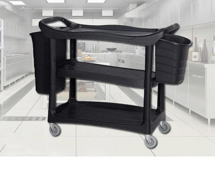 New style three-storey four-wheeled black plastic bowl collecting vehicle hotel serving cart with hand