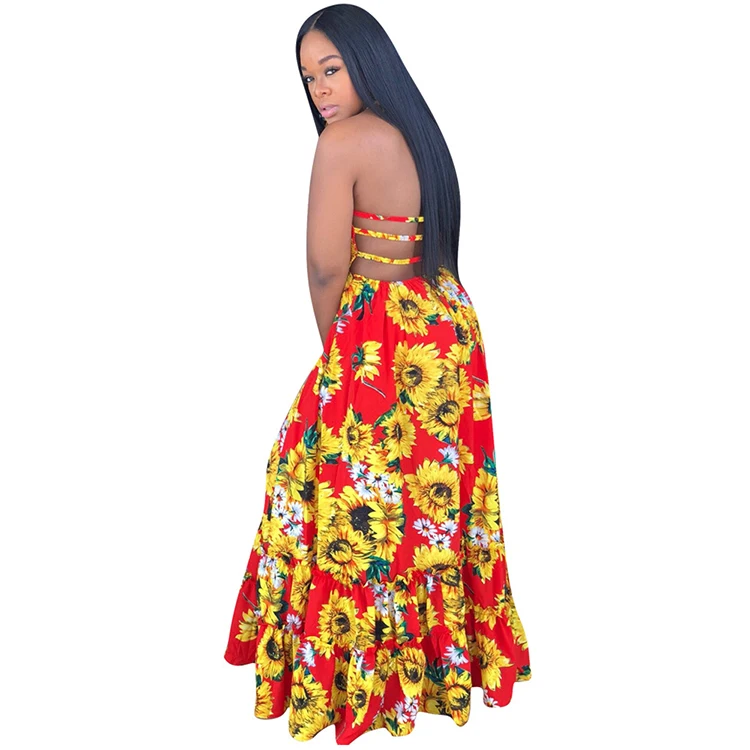 
2019 Halter Sexy African Ladies Summer Sun Flower Print Maxi Dresses Women Beach Casual Long Sun Dress 