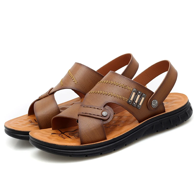 Мужские модные пляжные шлепанцы, сандалии с плоской подошвой, дышащие мужские кожаные шлепанцы, новинка 2019