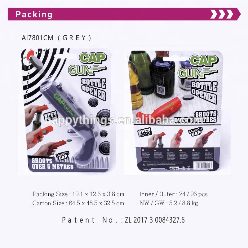 Factory Direct Low MOQ Kitchen Gadget Party Game Cap Zappa Plastic Cap Gun Beer Bottle Opener