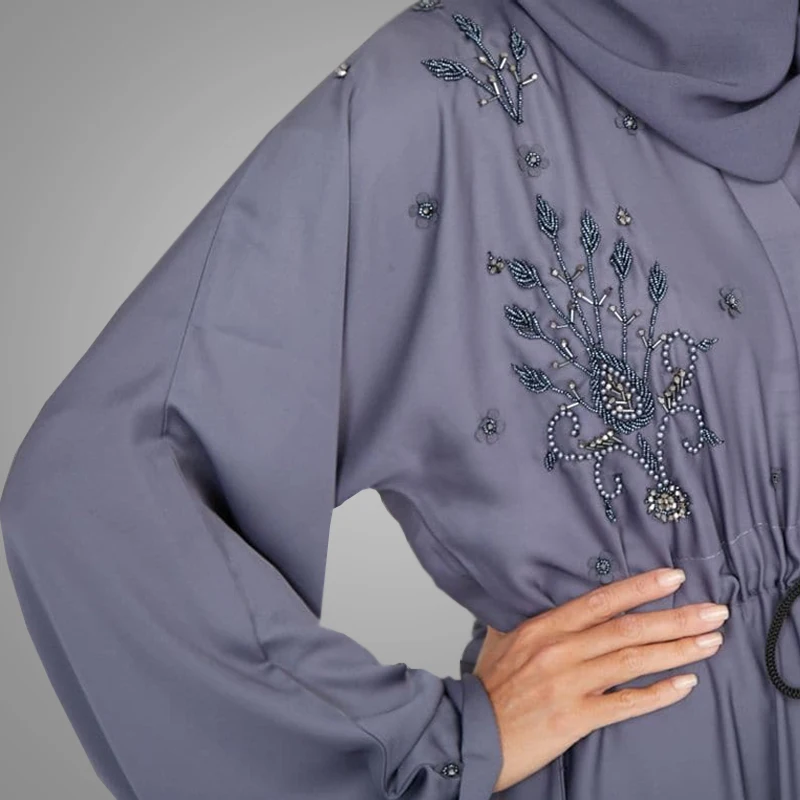 South Indian Sexy Girls Picture High Quality Kaftan Kimono Abaya Dark Gray Elegant Embroidery Pearls Dubai Abaya