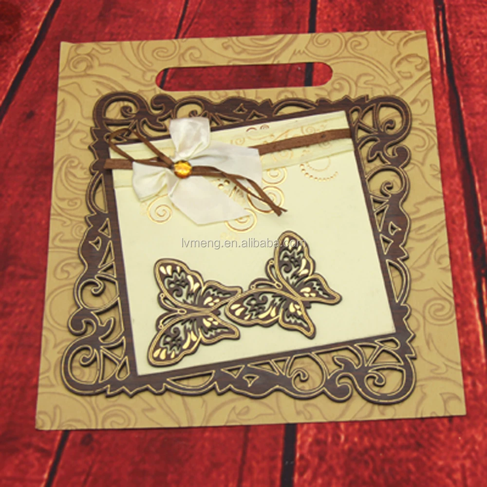 
2016 arabic buautiful Ribbon&butterfly laser cut wooden wedding card/High quality gold stamping invitation card 