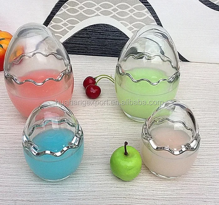 New design 85ml 100ml 200ml funny egg shaped glass jar for pudding with lid / egg shell shaped pudding glass jars candy jars