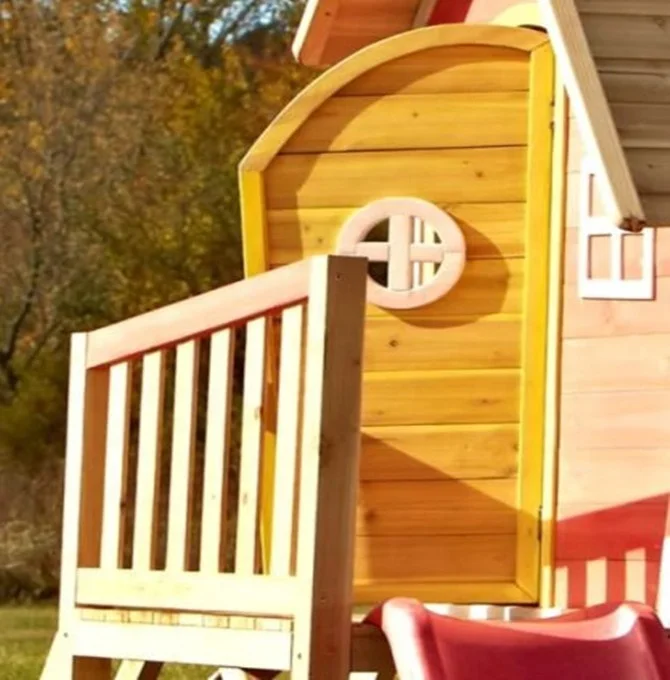 Outdoor Playhouse with Slide Wooden Kids Play Residential Backyard Playground