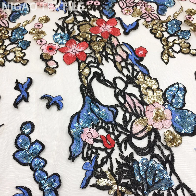 
100% Polyester Sequins Mesh 3d Flowers Embroidered Fabrics for Wedding Dress 