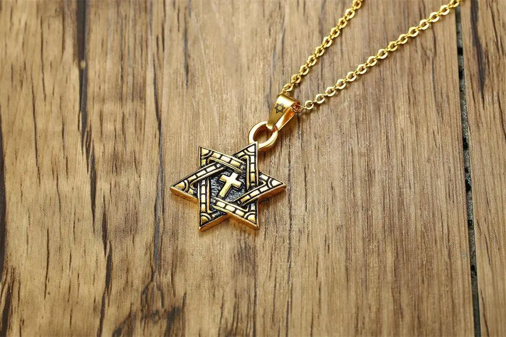YK Wholesale Jewelry Quality Six Point Star Pendant Stainless Steel Cross Gold Plated Necklace