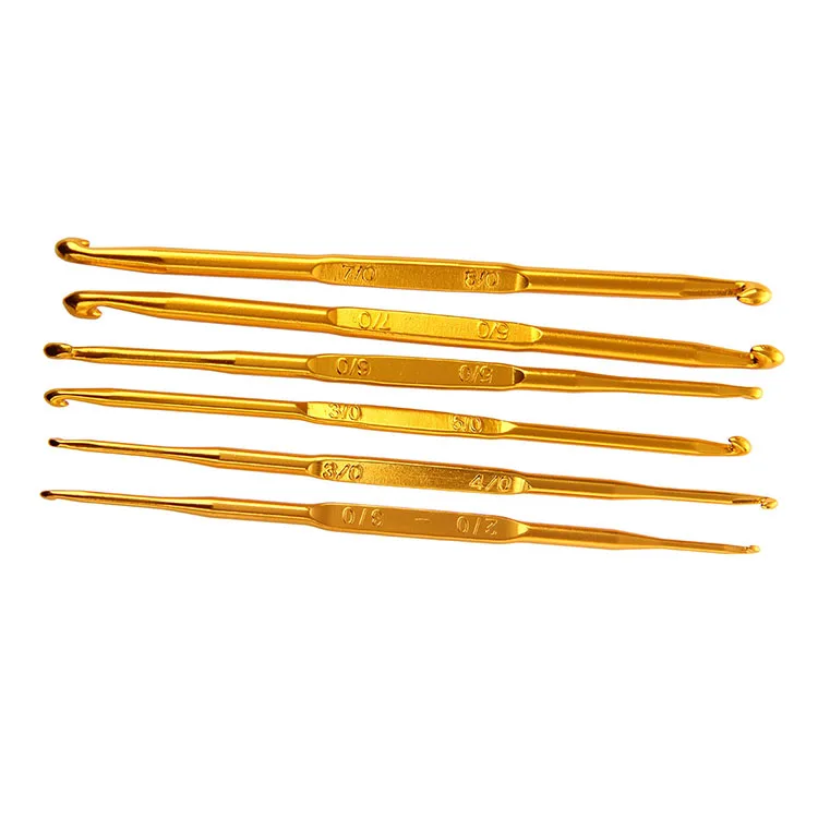 6Pcs/pvc bag Size 2.0-7.0mm Golden Aluminum Knitting Needle Double End Crochet Hook