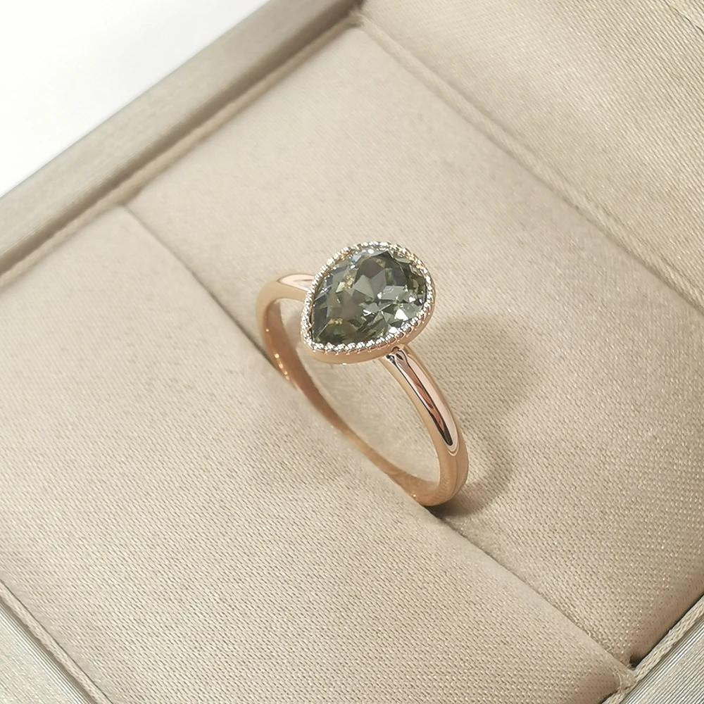 Solid 9k Rose Gold Natural Diamonds Engagement Wedding Ring Pear Crystal Ring Fine Jewelry Women