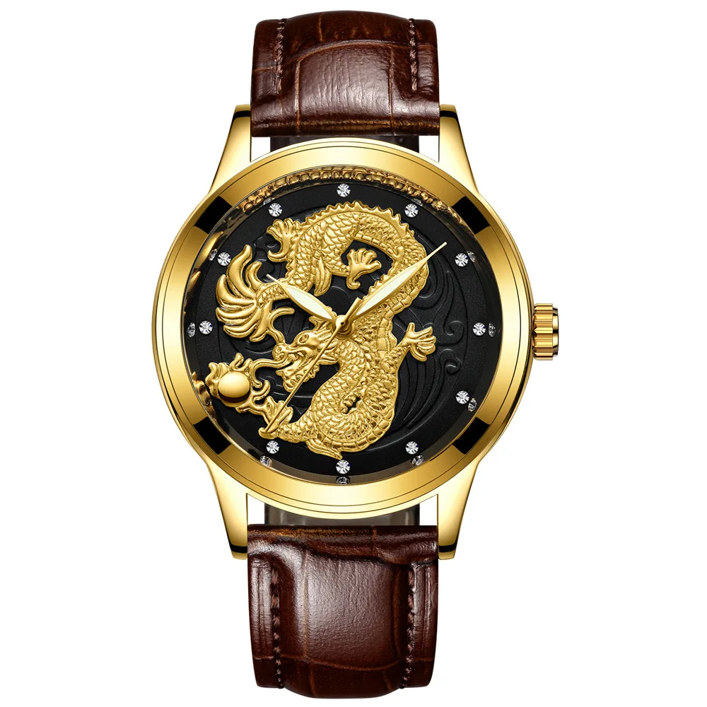 
2019 Luxury Brands Roles 18k Unisex un-mechanical gold dragon dial watches male steel fashion wrist watches 