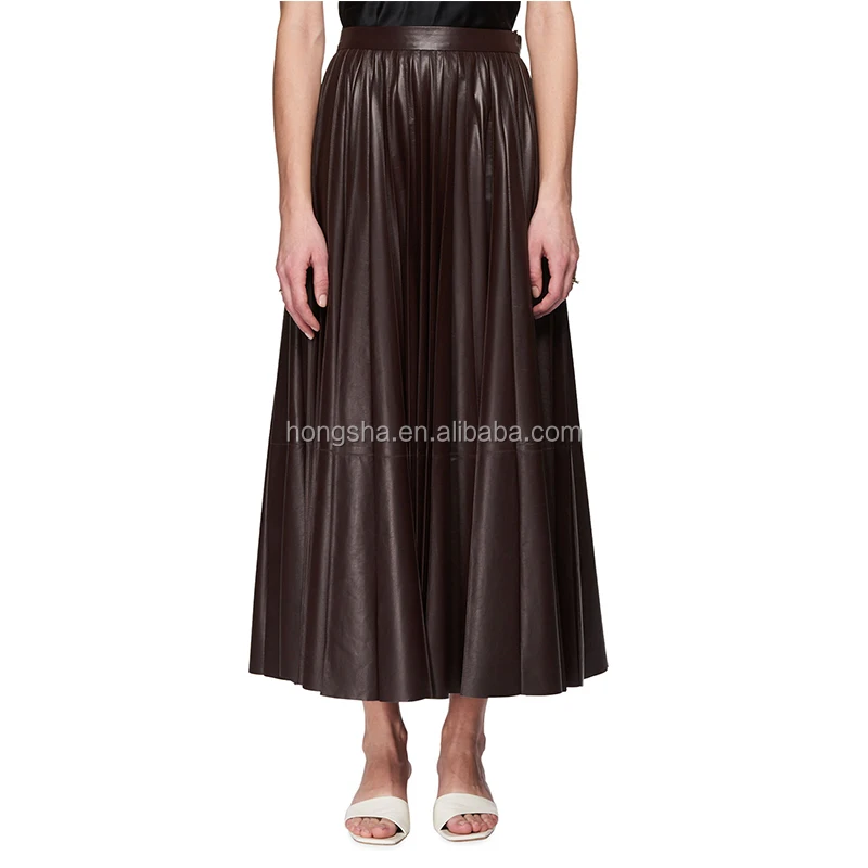 Latest Women Pleat Maxi Skirt A-Line Design Long Leather Skirt