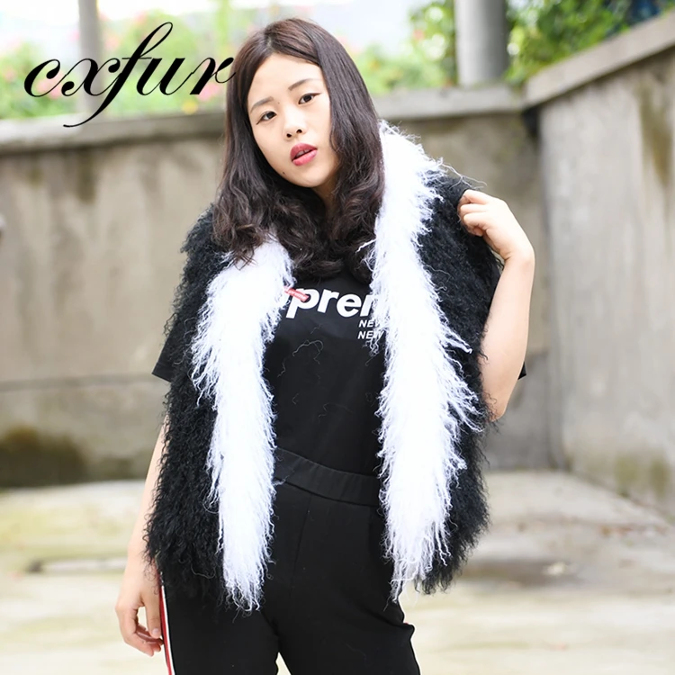 CX-S-134B Custom No Moq Good Price Black And White Scarf Mongolian Lamb Fur Scarf
