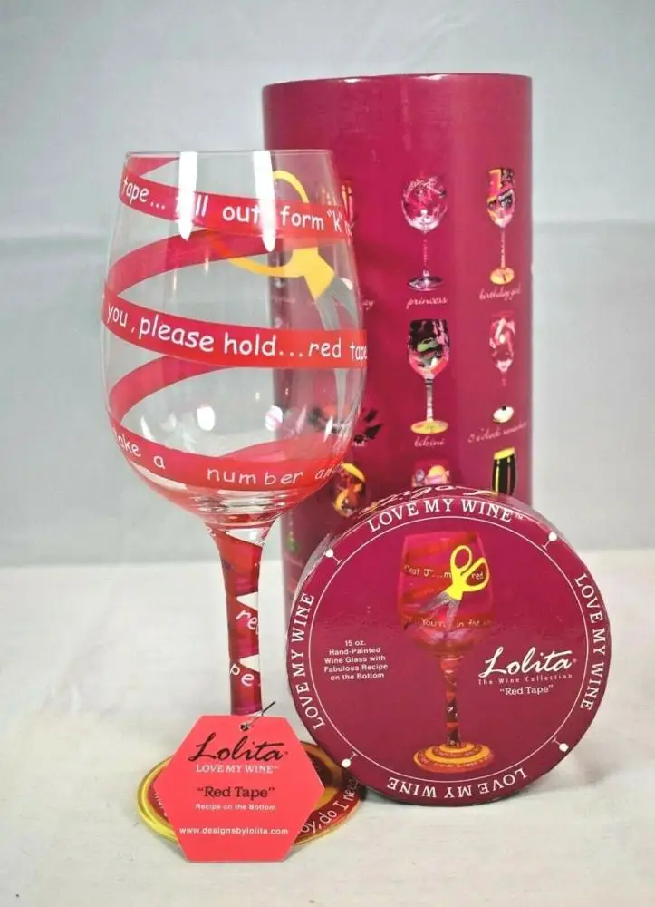 15 oz Lolita Love My Wine Red Tape Hand Painted Goblet Wine Glass