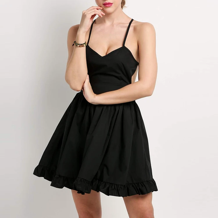 Black Backless Cross Strap Ruffles Hem Dresses Women Lady Sexy
