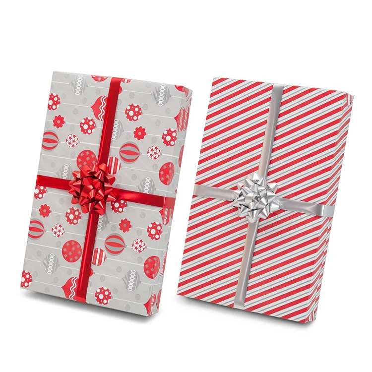 HOT SALE red silver design christmas gift printed wrapping tissue paper set with bows ribbons tags bag