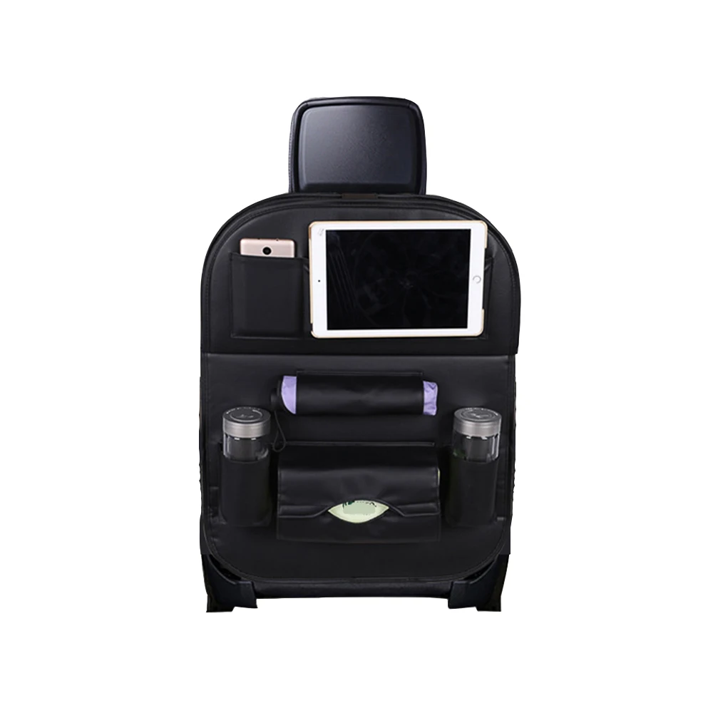 Black Car Backseat Organizer with Table Tray for Kids Travel with PU Leather Foldable Dining Table Desk Stowing Tidying Storage