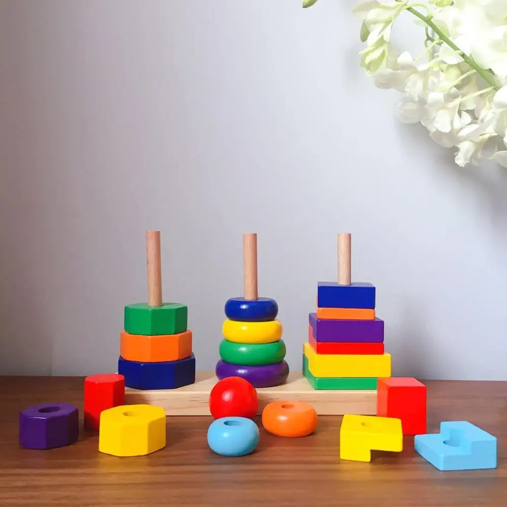 Geometric set column tower Mongolian early education teaching aids colorful building blocks wooden geometric toys for Kids