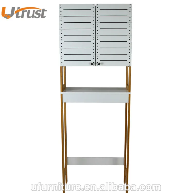 2023 hottest bathroom furniture bamboo made bathroom over toilet storage rack with drain