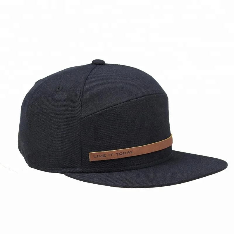 Custom Wool Strapback Black Black 7 Panel Hat Snapback Cap