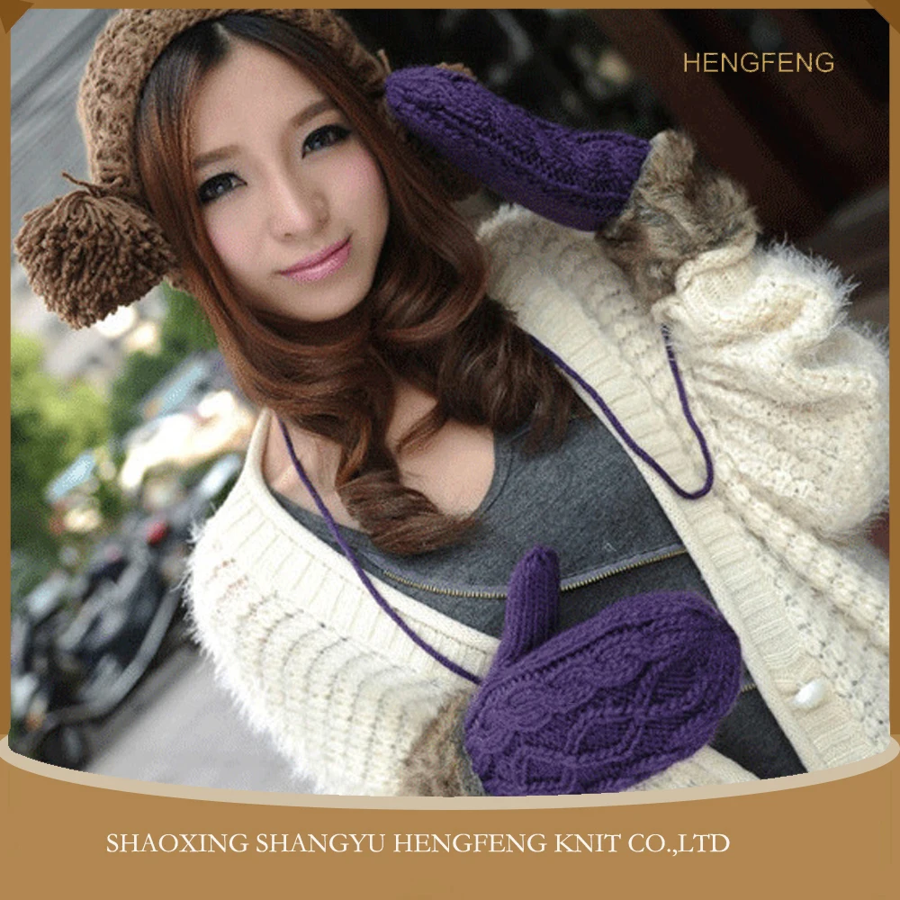 Wholesale fashion ladies women winter thick acrylic knit Hang Neck Wrist Knit Gloves, soft Weaving Knitted Mittens
