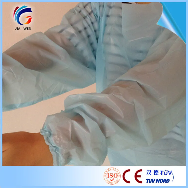 Blue & White disposable waterproof Plastic patient cpe gown with rubber rolled cuff Available in standard and reinforced
