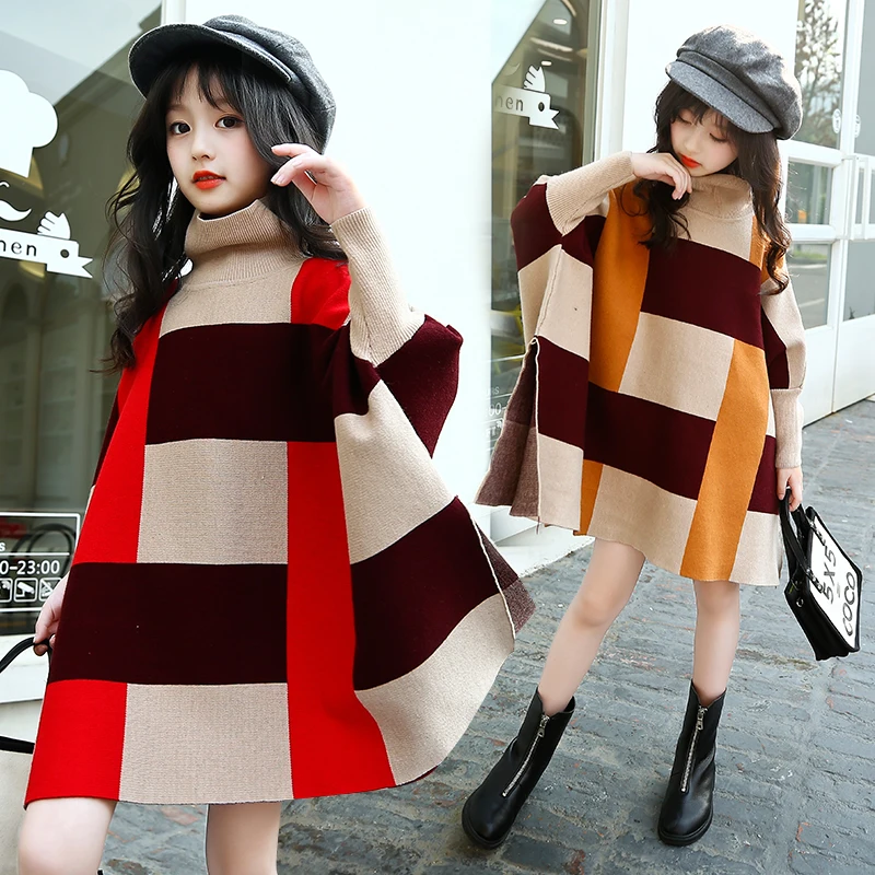 
Kids Fashionable Woolen Turtleneck Poncho Sweater Girls Sweater Design 