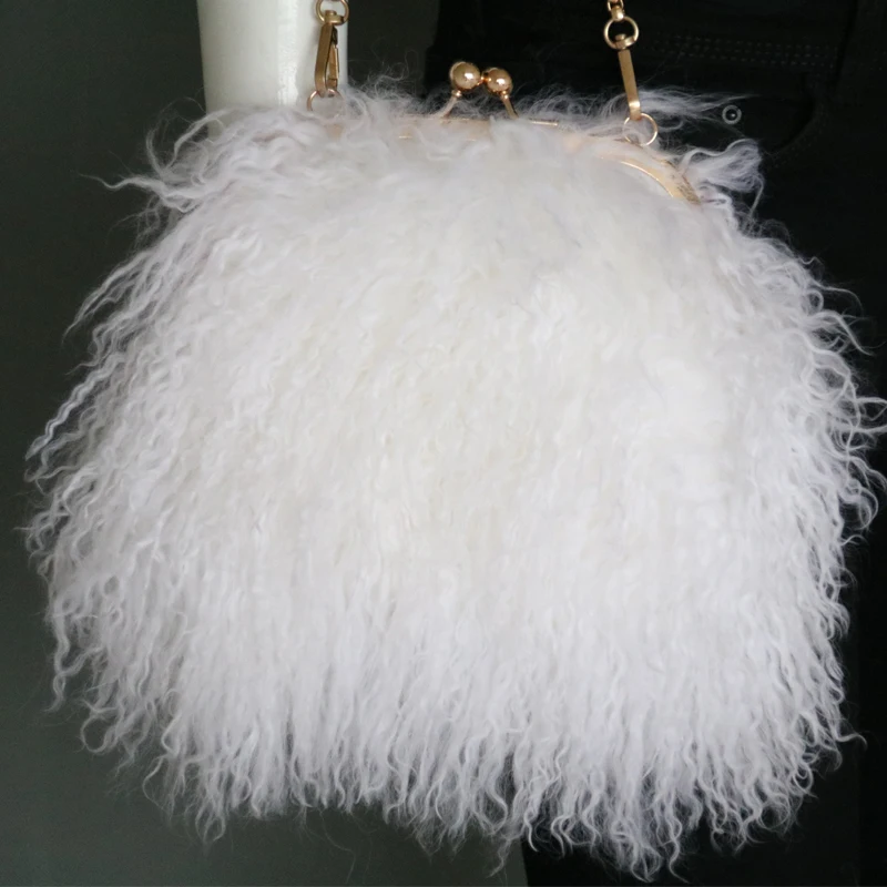 Real mongolian lamb hair bags for women girl fashion fur purse clutch