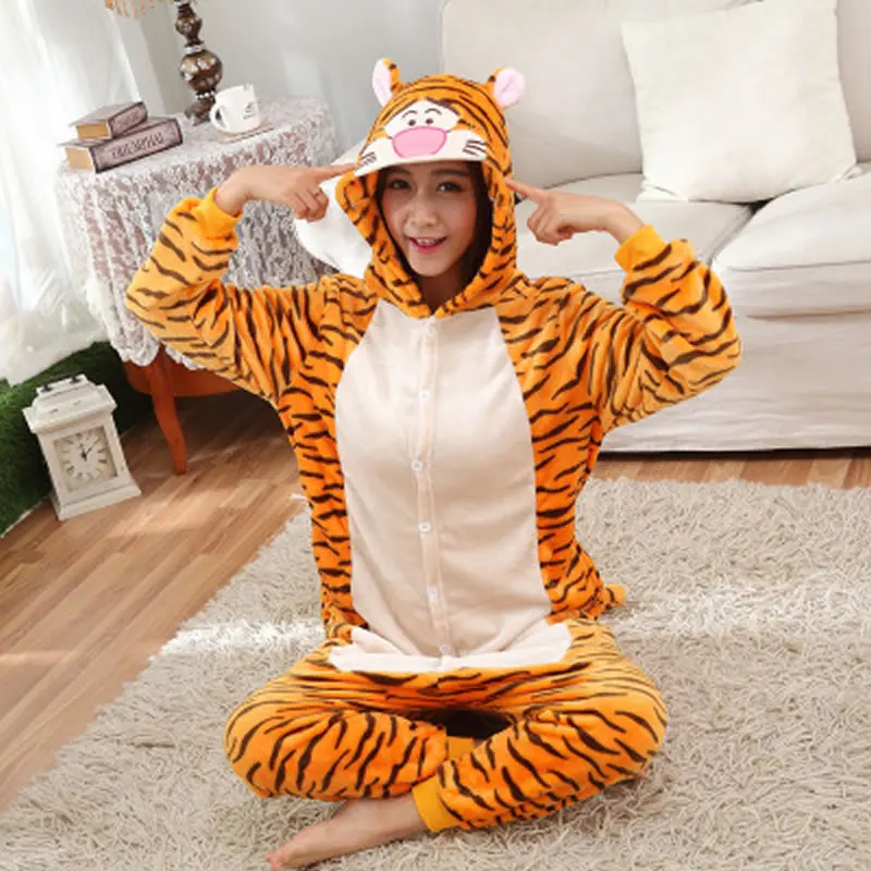 AIMINYZ Wholesale Autumu and Winter Pajama Set Flannel Hoodies Pijama Cartoon Sleepwear Onesie Pajama for Adult Children Tiger