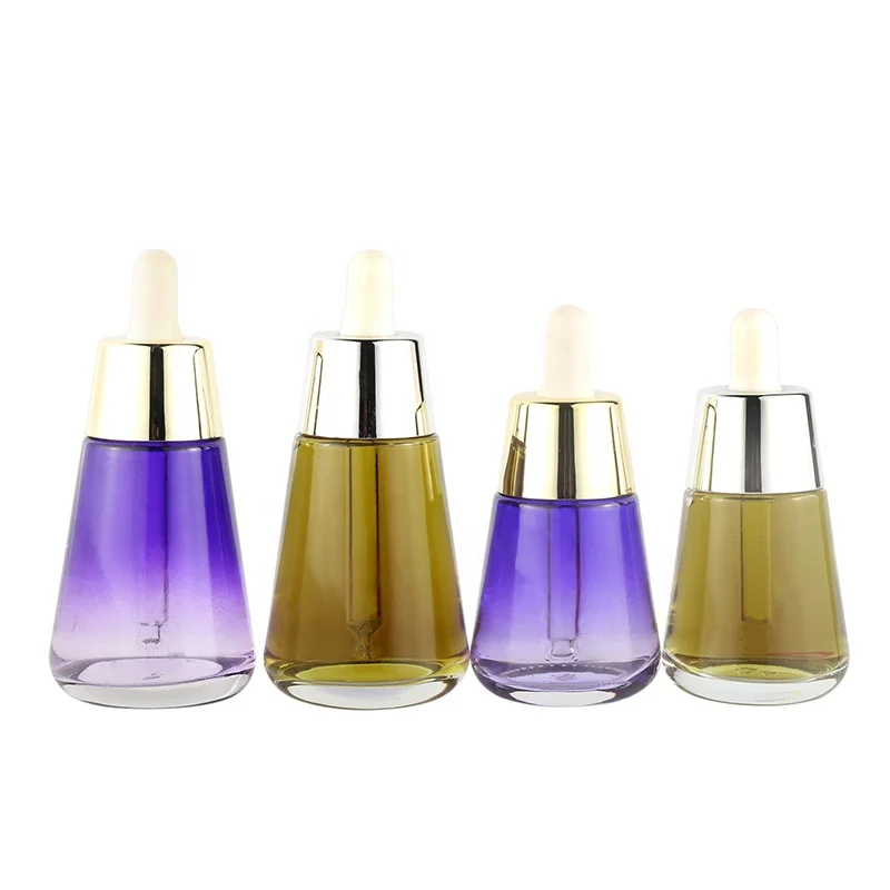 Quality transparent conical translucent brown/purple essence stock glass dropper bottle
