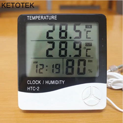 Digital LCD Thermometer Hygrometer Electronic Temperature Humidity Meter Weather Station Indoor Outdoor Tester Alarm Clock HTC-2