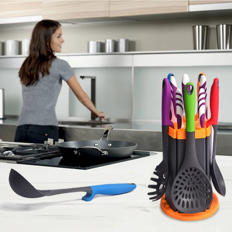 11 Piece Colorful Kitchen Knife and Nylon Cooking Utensil Set With Rotating Stand l China Factory Kitchenware