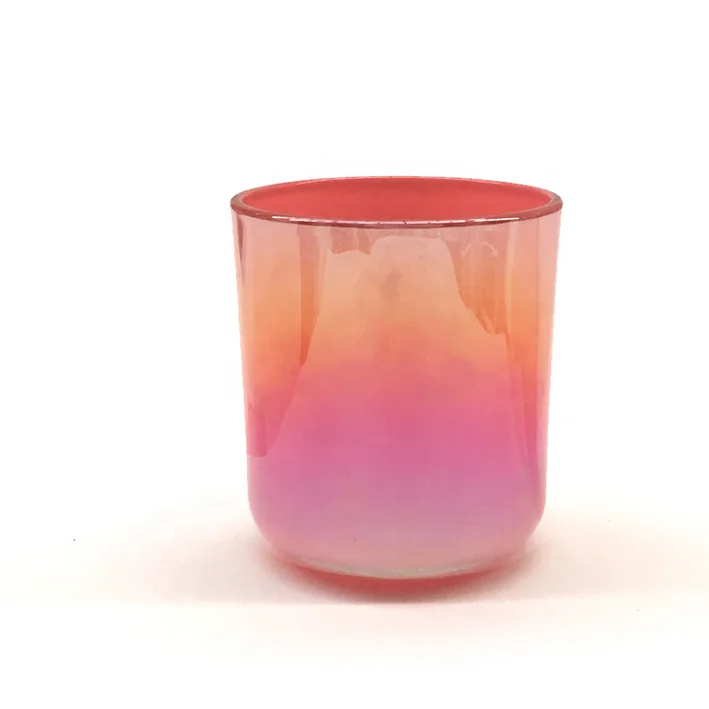 Wholesale unique glass iridescent candle jar rainbow big size round shaped 10oz 12 oz candle vessels