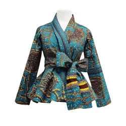 Top Selling African Style Shirts Kitenge Design Women Tops with Sash Blouses & Tops Casual Printed Spring OEM Service Plus Size