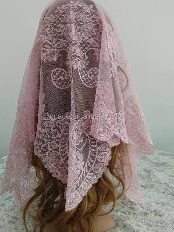 Розовая вышитая испанская кружевная католическая кружевная вуаль Mantilla