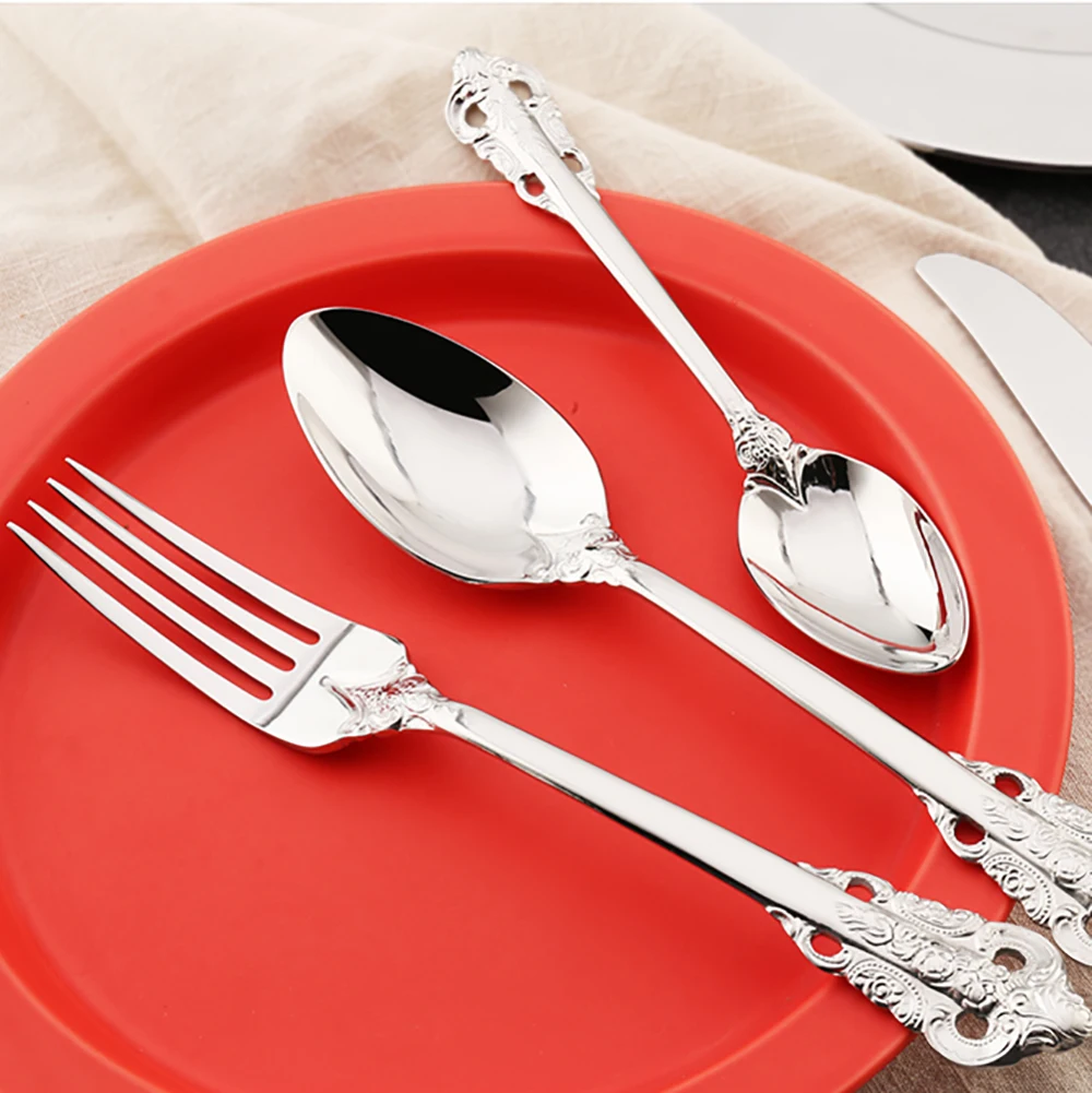 
Dubai Stainless Steel Flatware Knife And Fork Palace Luxury Gold Cutlery Set With Carved Handle 