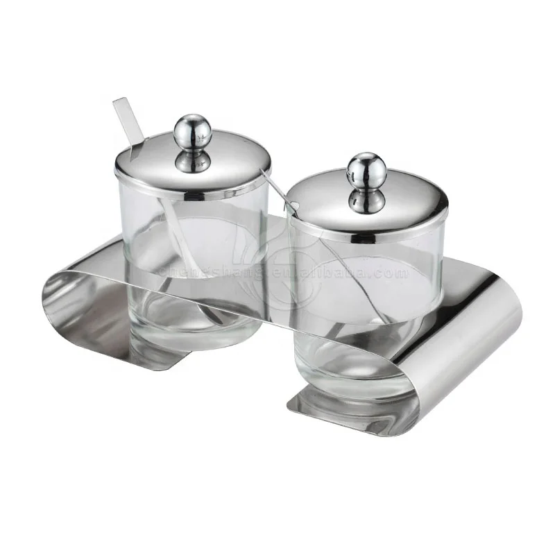 
 2 шт. набор из нержавеющей стали и стеклянной сахарной чаши с ложкой и стойкой   (1653265297)