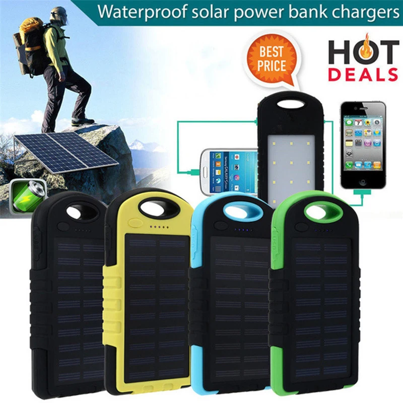 5000mAh portable waterproof solar charger dual USB external battery powerbank with LED