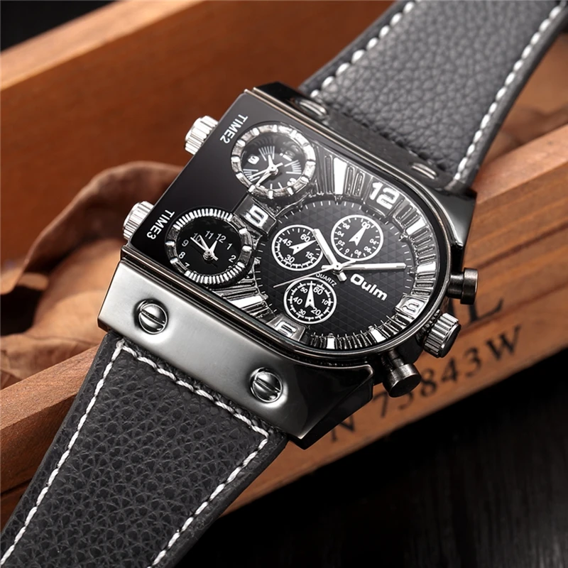 OULM Brand Original Unique Design Square Men Wristwatch Wide Big Dial Casual Leather Strap Quartz Watch
