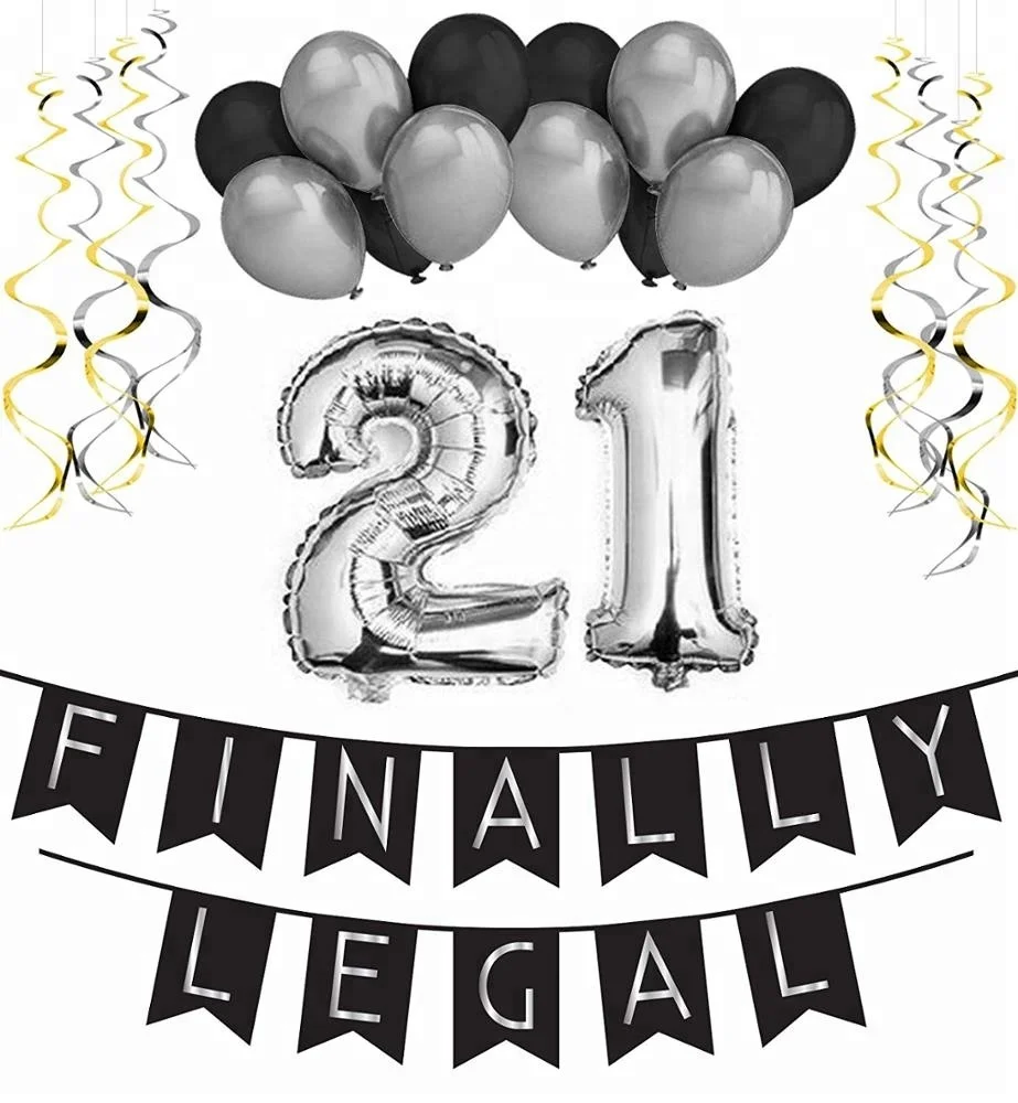 21st Birthday Party Pack Black Silver Happy Birthday Bunting Poms Swirls Pack Birthday Decorations