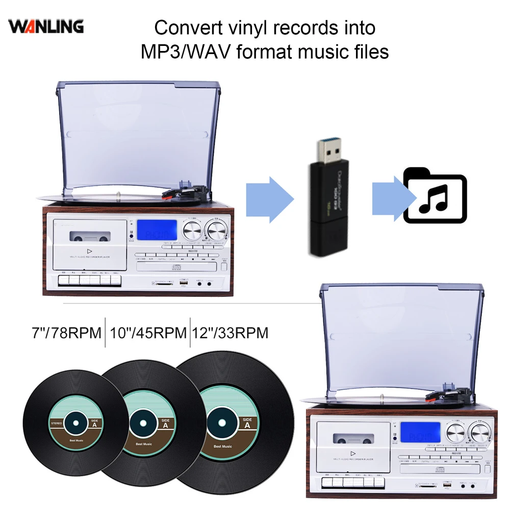 All in one turntable player multiple record player turntable cd record cassette radio player