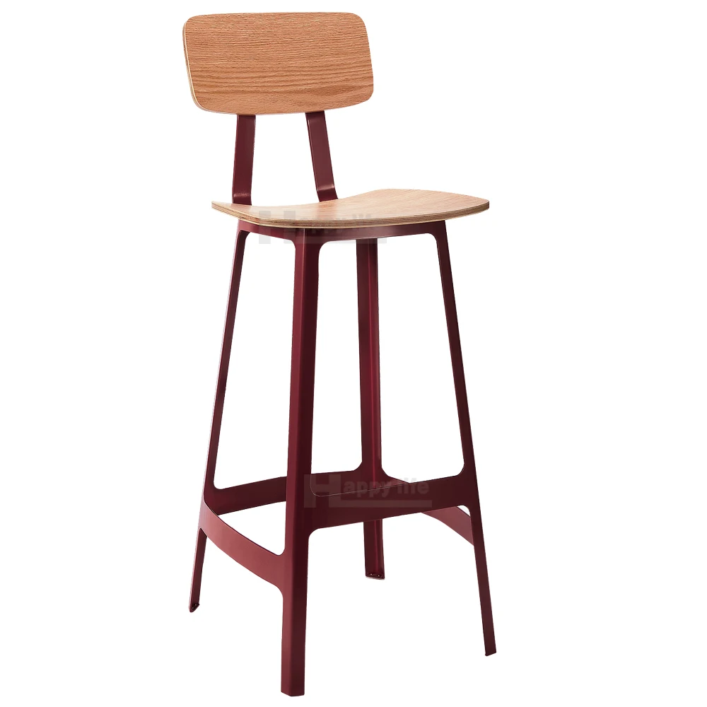 Commercial wooden top bar stool chair with steel leg and footrest