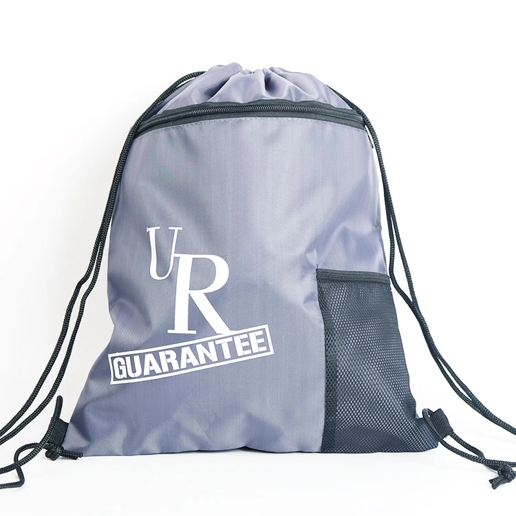 
Custom Printed Polyester Gym String Backpack Zipper Pocket Drawstring Bag With Screen Cloth 