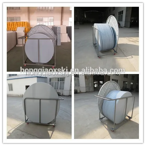 Round folding table trolley cart, round banquet table steel frame, table trolley