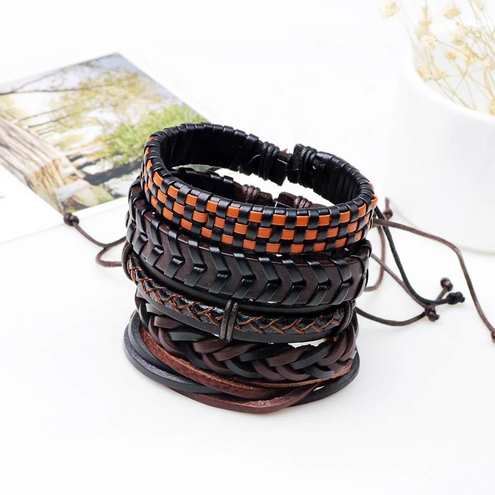 Vintage Stretch Wax Rope Braided Adjustable Mens 5 PCS Set Multilayer  Leather Bracelets & Bangles