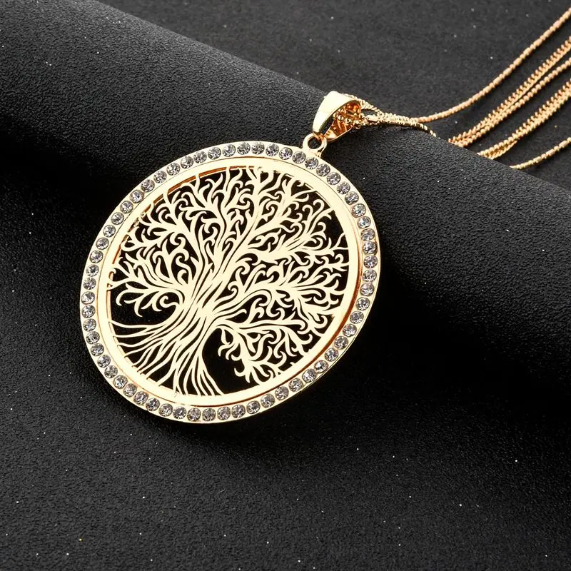 New Design Long Gold Necklace Custom Jewelry Curved Tree Of Life Pendant Women Necklace