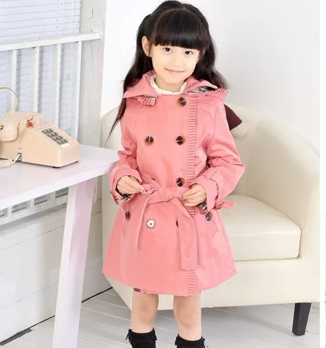 Free shipping autumn of 2016 Korean children with double breasted hooded girl windbreaker jacket A055