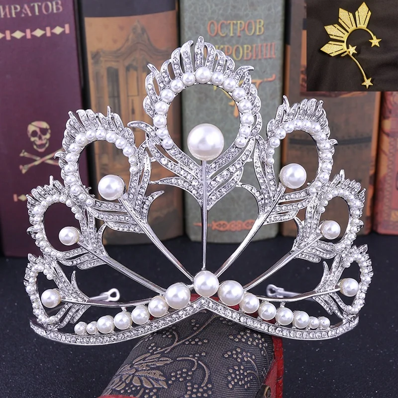 2018 beauty pageant crown and earrings silver feather tiara gold crystal earrings jewelry set