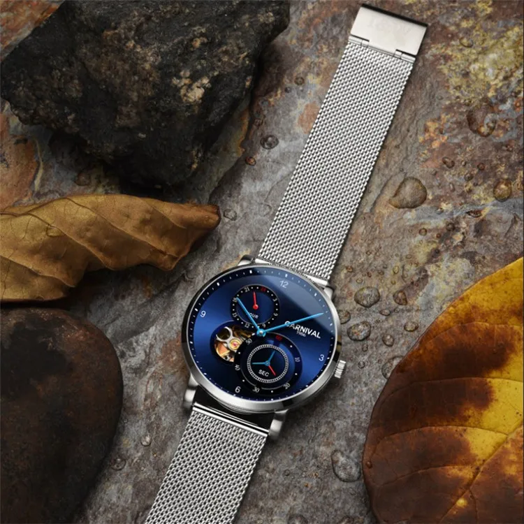 Fashion Tourbillon Mechanical watches CARNIVAL 8062 Automatic watch men Small second dial 24 hours display Sapphire Montre homme