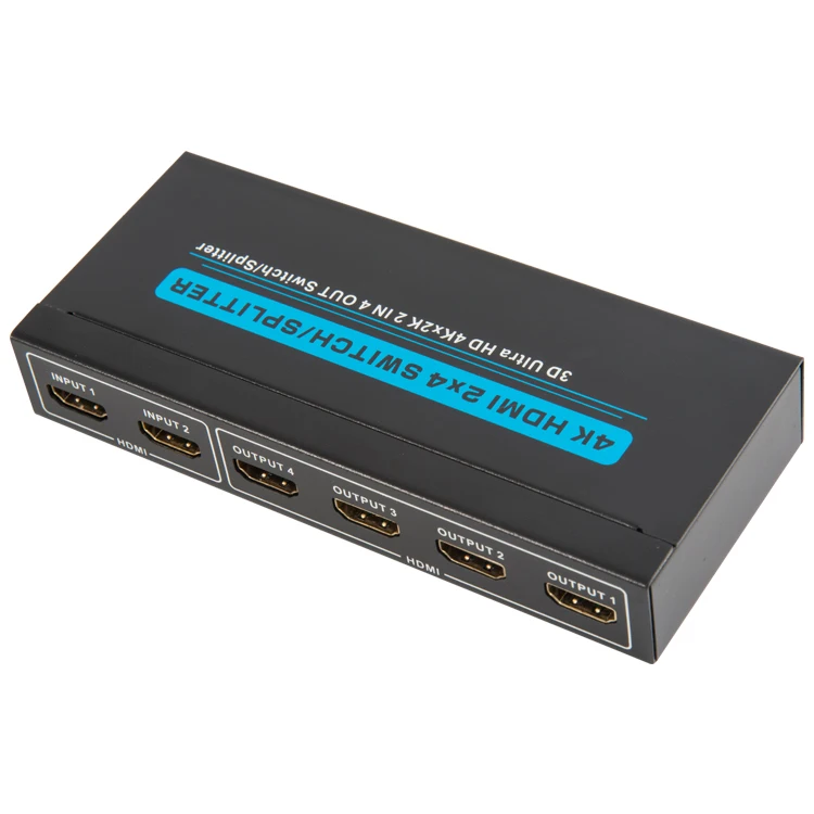 High quality 4K 60hz 2x4 Hdmi Switch Splitter Metal Case User Manual Power Supply and Carton Box 2 In 4 Out Hdmi Switch Splitter